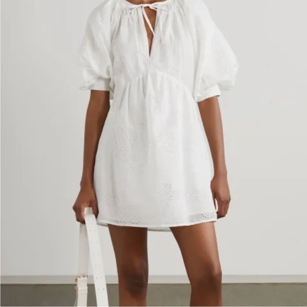 Frame Eyelet White Mini Dress Puff Sleeves Ramie Cotton Lacemade | Size XXS